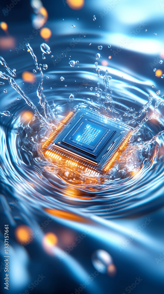 Poster a microchip is gracefully submerged in clear blue water, creating splashes and ripples around it. li