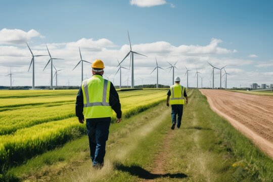 Two maintenance worker windmill outdoors turbine.