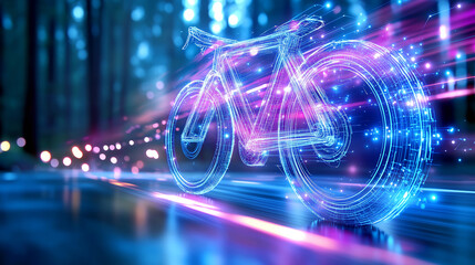 A digital bicycle appears to race down a glowing path surrounded by trees at night. Neon blue and pink lights illuminate the scene, creating an enchanting atmosphere in the forest