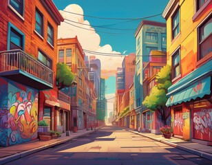 Naklejka premium Comic cartoon urban street scene with diverse architectural styles