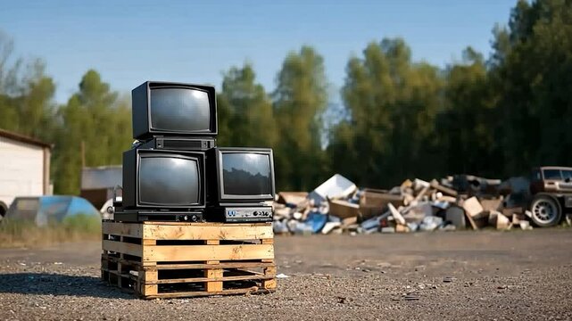 Pile of old televisions on wooden pallets in a junkyard surrounded by discarded items and nature