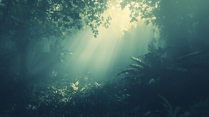Fototapeta premium Sunbeams pierce through mist in a lush forest, illuminating dense vegetation with a serene, ethereal glow. Atmospheric and tranquil scenery.