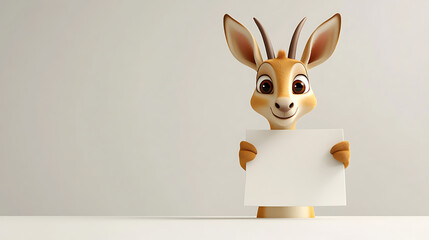 Cheerful cartoon gazelle holding a blank sign, set against a minimalistic background
