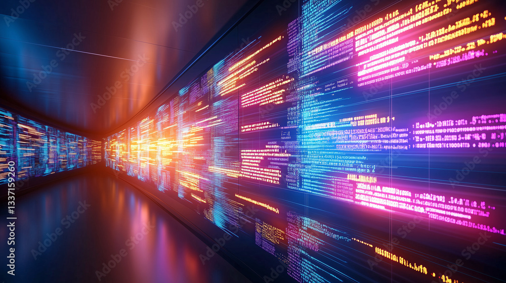 Poster a vibrant tunnel filled with colors showcases a flowing stream of digital data. the illuminated wall