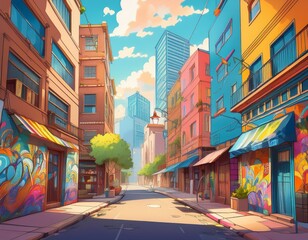 Fototapeta premium Comic cartoon urban street scene with diverse architectural styles