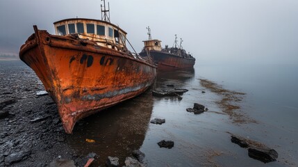 Abandoned rusty fishing boats lie on a foggy shore, partially submerged in calm waters, This evocative scene can be used in themes of decay, nature reclaiming industry, and maritime history,