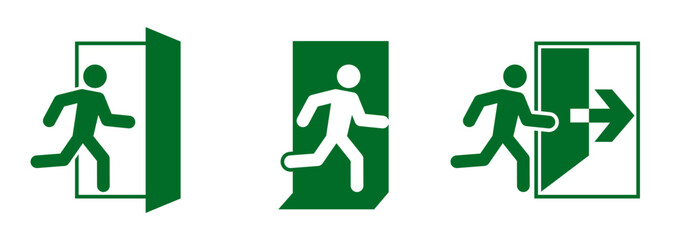 Green sign evacuation exit set icon, direction a safe area, fire exit, designations location emergency evacuation exit, quick and safe exit