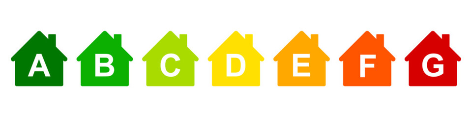 Energy efficient house with multicolor classification houses sign, smart eco house certification system, good ecological and bio energetic rating, home energy consumption efficiency rating