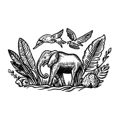 Obraz premium Engraved illustration of an elephant surrounded by birds and lush foliage in vintage style design