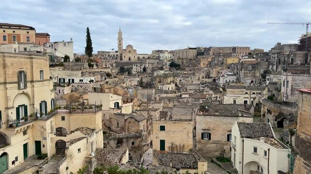 Overview of the Sassi di Matera of the Italian city of Matera, Basilicata, Italy in 4K