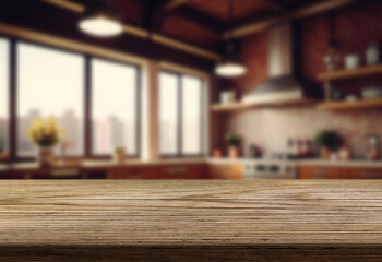 Beautiful natural wooden table with kitchen background