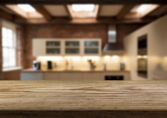 Beautiful natural wooden table with kitchen background