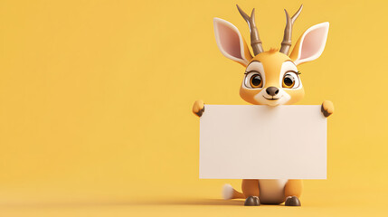 Cute cartoon deer character holding a blank sign against a bright yellow background