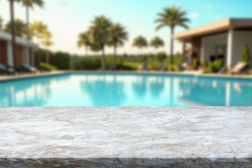 White marble countertop and blurred background of swimming pool with palm trees. Can be used for...