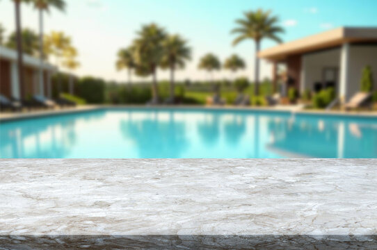 White marble countertop and blurred background of swimming pool with palm trees. Can be used for mocking up or display product to make advertising.