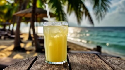 Refreshing tropical cocktail enjoyed on a wooden table at a serene beach under palm trees and a clear sky