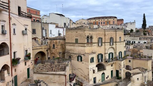 Overview of the Sassi di Matera of the Italian city of Matera, Basilicata, Italy in 4K
