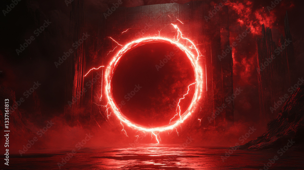 Aufkleber red neon game portal with lightning and glow effect in realistic vector illustration set. magic tele