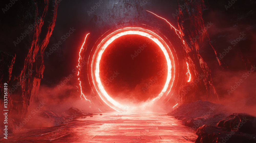 Aufkleber red neon game portal with lightning and glow effect in realistic vector illustration set. magic tele