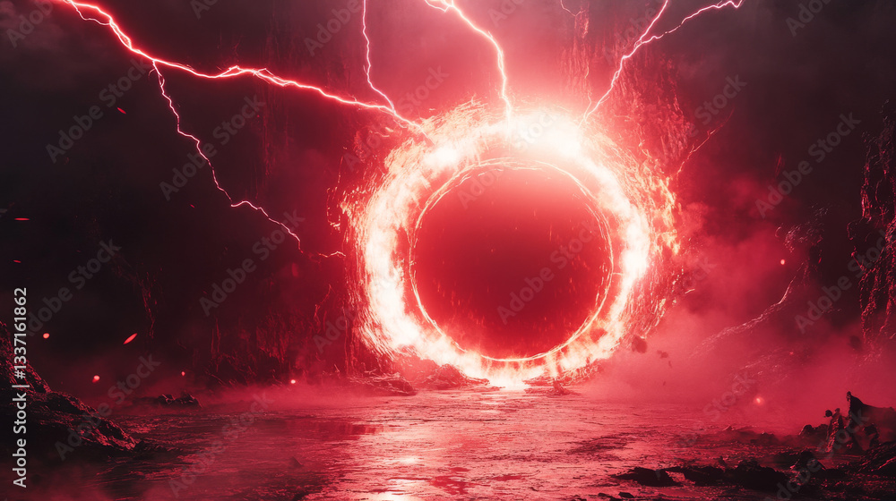 Aufkleber red neon game portal with lightning and glow effect in realistic vector illustration set. magic tele