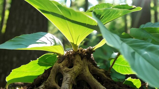 Mandrake root with large green leaves growing in a mystical forest, illuminated by soft sunlight. Concept of magical plants, ancient folklore, medicinal herbs, mysterious nature