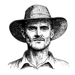 Engraved portrait of a rugged man wearing a wide-brimmed hat captured in a vintage hand-drawn style