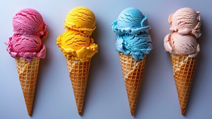 Four Waffle Cones with Scoops of Strawberry, Mango, Blueberry, and Pistachio Ice Cream