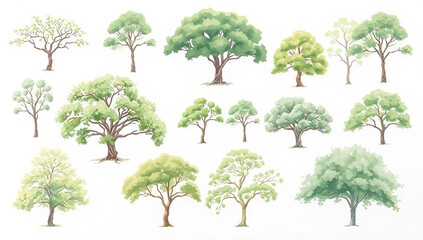 Diverse Illustrations of Lush Green Trees in Various Shapes and Sizes