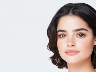 Fototapeta premium Young woman with natural makeup and soft features against a light background
