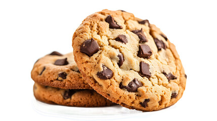 Three chocolate chip cookies stacked on top of each other. The cookies are made of a crunchy, chocolatey dough and are placed on a white plate