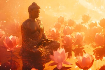 Buddha Statue with Spiritual Aura and Tranquility, Peaceful Buddha Wallpaper with Zen and Harmony Vibes, Ancient Buddha Sculpture, Tranquil Buddha Painting.