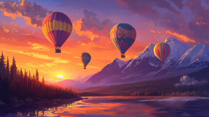 Obraz premium Hot air balloons flying in sunset sky above water pond and mountains in red and orange colored heaven. Dusk scenery landscape view, ballons flight travel, aerial tourism, Cartoon vector illustration
