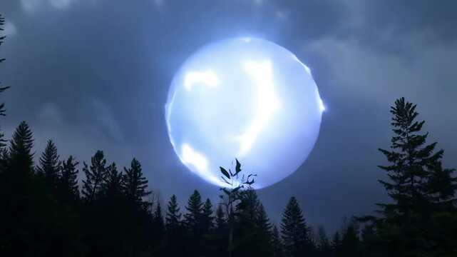 Mysterious ball lightning phenomenon over forest at night. concept of atmospheric phenomena, natural wonders, unexplained energy, nighttime mysteries
