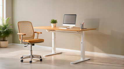 Minimalist Home Office with Adjustable Wooden Desk and Ergonomic Chair for a Modern Workspace