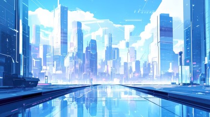 Futuristic city, vibrant, empty avenue, reflection, digital art
