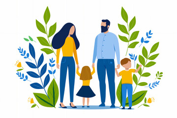 A vibrant digital illustration of a family of four standing together amidst lush green leaves and plants, emphasizing nature, harmony, and familial love.