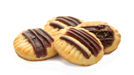 A close up of four chocolate covered cookies. The cookies are all different sizes and are arranged in a row