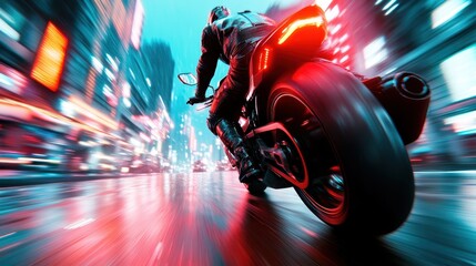 Obraz premium An exhilarating image depicting a motorcyclist racing through a neon-lit urban landscape, capturing the thrill of speed and the energy of city night life.