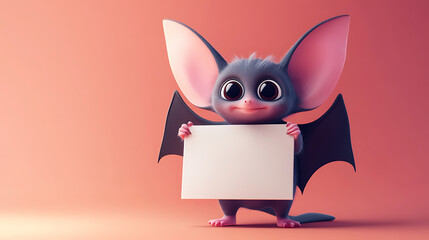 Cute cartoon bat character holding a blank sign against a colorful gradient background