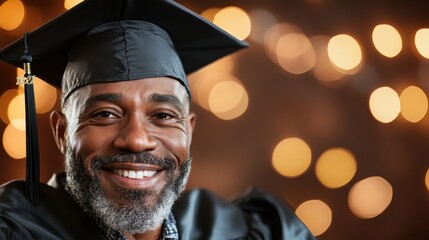 A joyful male graduate with a cap and gown radiates pride and happiness after achieving an important educational milestone, surrounded by soft bokeh lights.