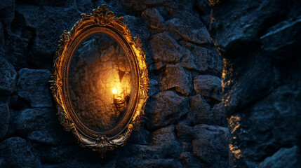 Magic mirror in golden frame on stone wall at night. Vector cartoon fantasy illustration of wizard or witch room in medieval castle with antique mirror with mystery glow and reflection