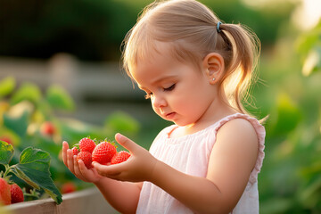Little girl in a garden holding fresh strawberries, enjoying the moment