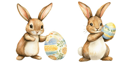 Obraz premium Clipart set of Easter bunnies holding Easter eggs