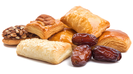 A variety of pastries and nuts are displayed on a white background. The pastries include croissants, donuts, and cookies, while the nuts consist of almonds and walnuts