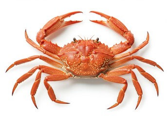 Isolated cooked snow crab with claws and legs spread out on a white background top down view close up