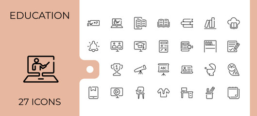Study And School simple icon set. Includes thin line education, learn, study, book, vector, student and more. Outline icons collection. Set linear icon. Art and illustration.