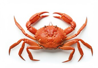 A cooked red crab with claws extended on a white background in a studio shot from above view
