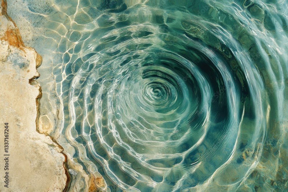Poster concentric ripples in clear teal water, creating a mesmerizing spiral pattern against a textured sto