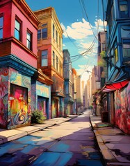 Fototapeta premium Comic cartoon urban street scene with diverse architectural styles
