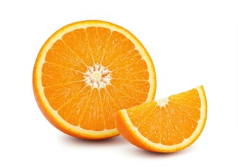 A vibrant image showcasing a halved orange and a slice against a clean white background surface